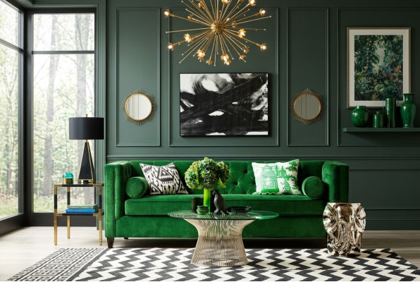 Chesterfield trzyosobowa kanapa z tkaniny, design w salonie, sofy tapicerowane, zielone.