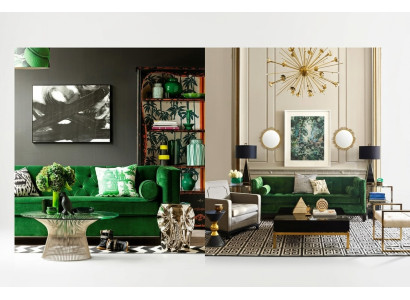 Chesterfield trzyosobowa kanapa z tkaniny, design w salonie, sofy tapicerowane, zielone.