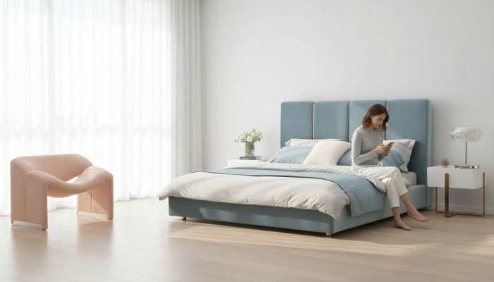 Designerskie Łóżko Niebieskie 180x200 Sypialnia łóżka Włókiennicze Hotel Luxury Podkładka Siedziba