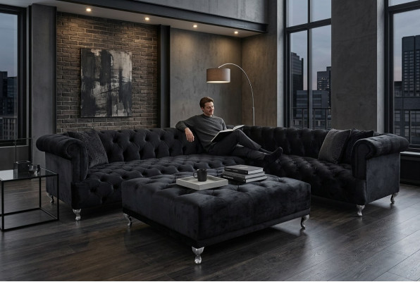 Narożnikowa kanapa Chesterfield Design Couch Podkładka Zestaw narożny + Stołek narożnik