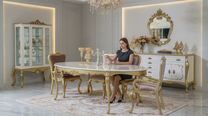 Design zestaw jadalnia 8 szt. Stół obiadowy Krzesło Kredens Gablota Lustro
