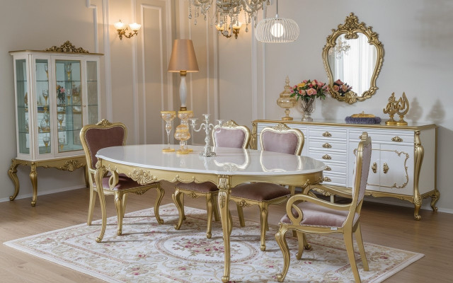 Design zestaw jadalnia 8 szt. Stół obiadowy Krzesło Kredens Gablota Lustro