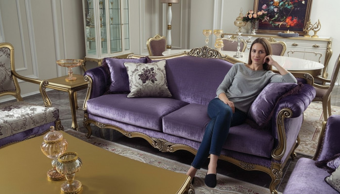 Sofa trzyosobowa 3 miejsce do siedzenia Kanapy Luksusowa kanapa Aksamit Barokowy Rokoko Fioletowy