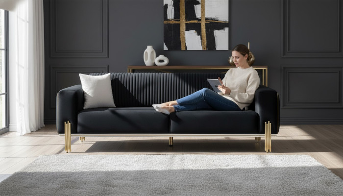 Sofa Trzyosobowa Meble Aksamit Designerskie Złote Metalowe Tapicerowane Nowoczesne Kanapy Nowość