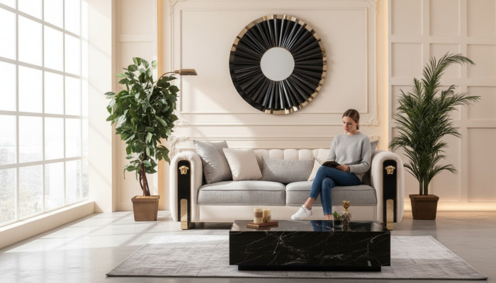 Luksusowa tapicerowana sofa 3-osobowa w kolorze beżowym o nowoczesnym stylu