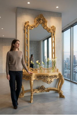 Luksusowy rzeźbiony Stół konsolowy I Lustro w eleganckiej ramie