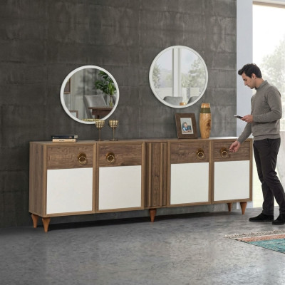 Kredens Komody Drewniane Szuflady Lustro Solidny Salon Komody