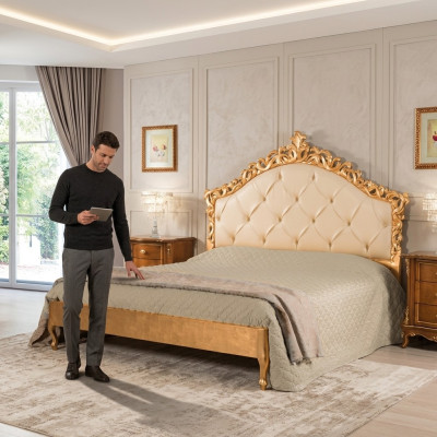 Nowe luksusowe Chesterfield podwójne łóżko z rzeźbionym zagłówkiem