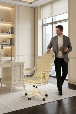 Krzesło biurowe Drewno ChefFotel Chesterfield Meble włoskie Biały obrotowe Biały Nowe