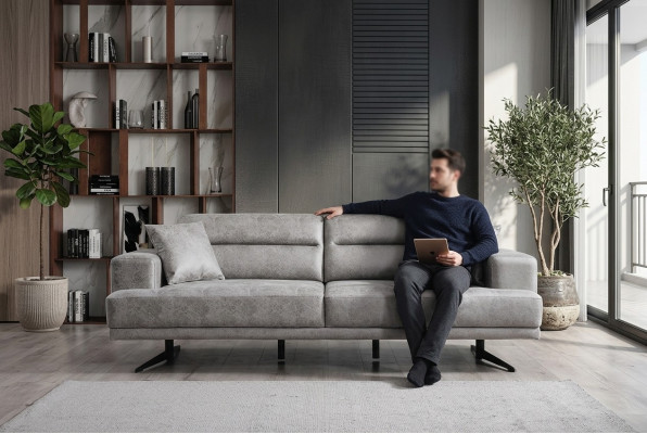 Sofa 3 miejsce do siedzenia Sofy Skóra Trzyosobowa Siedziba Podkładka Design Living Room Modern Grey