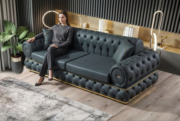 Sofa 3 miejsce do siedzenia Chesterfield Podkładka Sofy Trzyosobowa Skóra Salon Niebieskie Meble