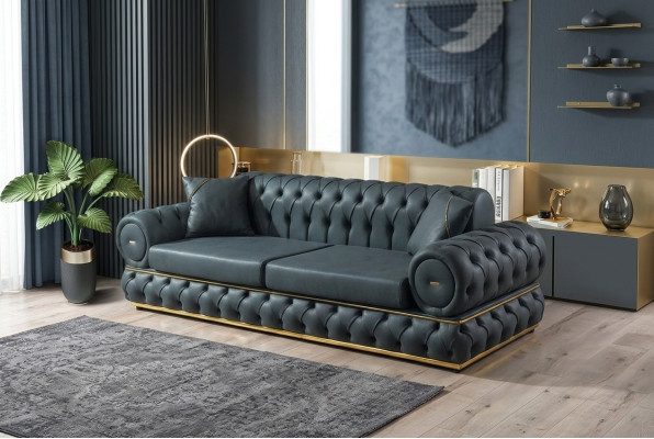 Sofa 3 miejsce do siedzenia Chesterfield Podkładka Sofy Trzyosobowa Skóra Salon Niebieskie Meble
