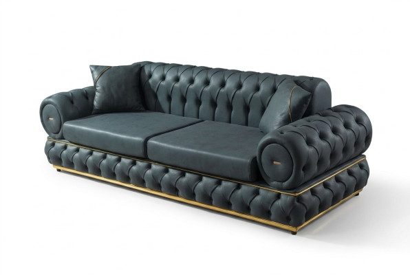 Sofa 3 miejsce do siedzenia Chesterfield Podkładka Sofy Trzyosobowa Skóra Salon Niebieskie Meble