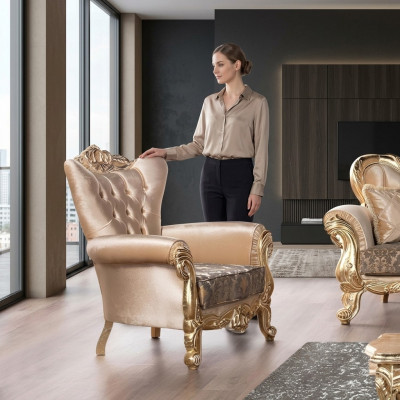 Fotel Siedziba miejsce siedzące Design Living Room Podkładka New Style Baroque Rococo Luxury Beige