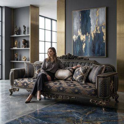 Sofa 3 miejsce do siedzenia Meble Materiał Sofy Trzyosobowe Luksusowy Salon W Stylu Barokowym 3er Nowość