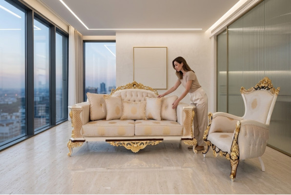 Sofa Trzyosobowa 3 miejsce do siedzenia Sofa Klasyczna Sofy Kanapa Materiał Styl Barokowe Meble Nowe