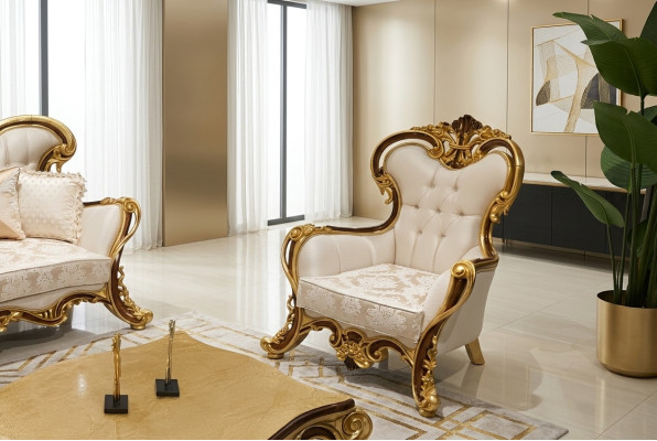 Luksusowy klasyczny fotel nauszny w kolorze białym - złoty barokowy design