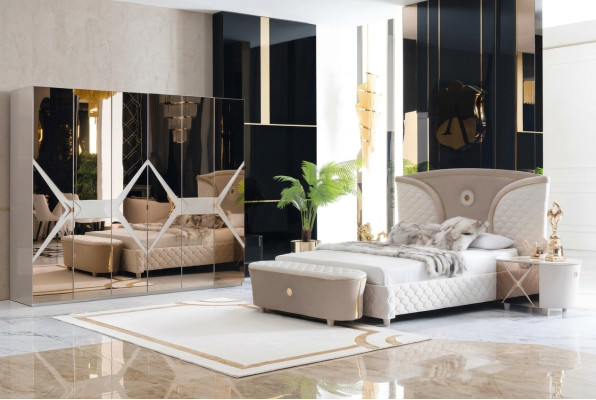 Łóżko Stolik nocny Szafa 6-częściowy Sypialnia Zestaw Design Luxury Stołek Modern