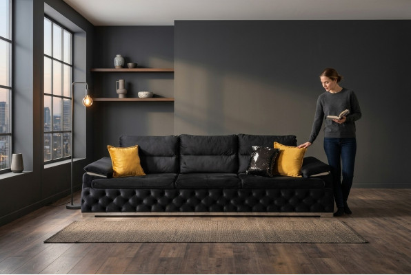 Sofa trzyosobowa Design Sofa Nowoczesna 4-osobowa siedziba Sofy Pokój Meble Czarny Podkładka