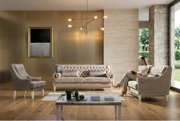 Zestaw sof Chesterfield beżowy 4+3 miejsce do siedzenia Stylowy zestaw foteli designerskich