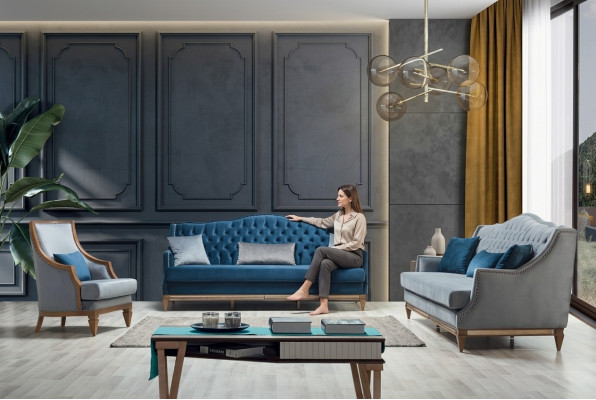 Nowoczesny zestaw sofowy Blue Chesterfield Designerski trzyosobowy luksusowy hotel
