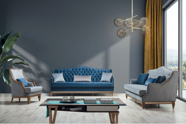 Nowoczesny zestaw sofowy Blue Chesterfield Designerski trzyosobowy luksusowy hotel
