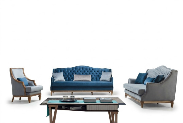 Nowoczesny zestaw sofowy Blue Chesterfield Designerski trzyosobowy luksusowy hotel