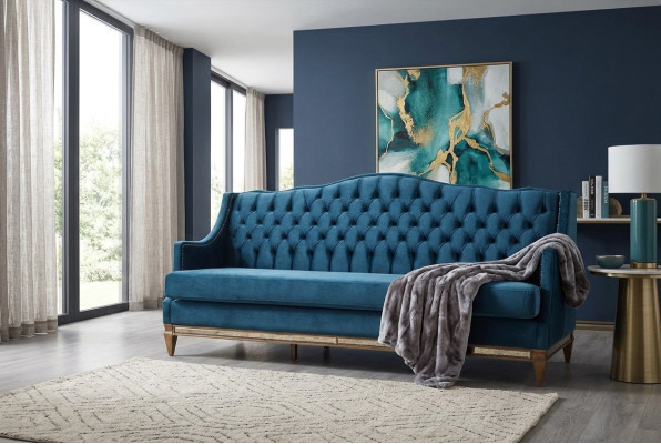 Sofa wypoczynkowa Blue Chesterfield trzyosobowa Relaks pokój dzienny 3-miejsce siedzące