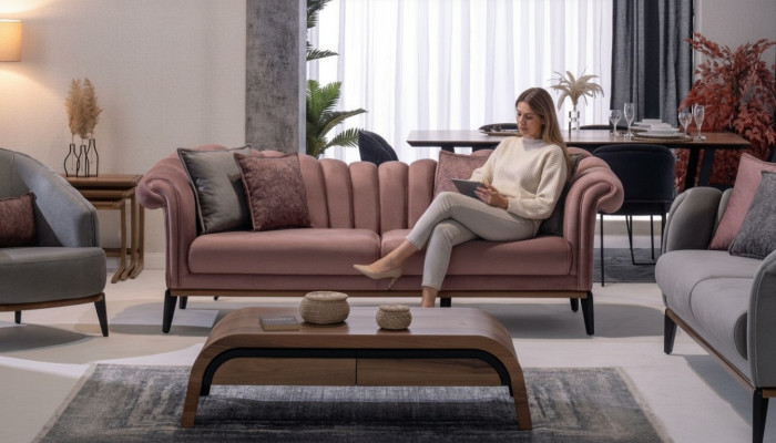 Styl Włoski 2 miejsce do siedzenia Salon Sofa Sofa Podkładka Siedziba Włókienniczy Różowa Nowość