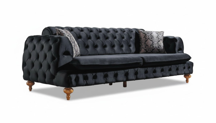 Luksusowe trzyosobowe czarne kanapy Chesterfield