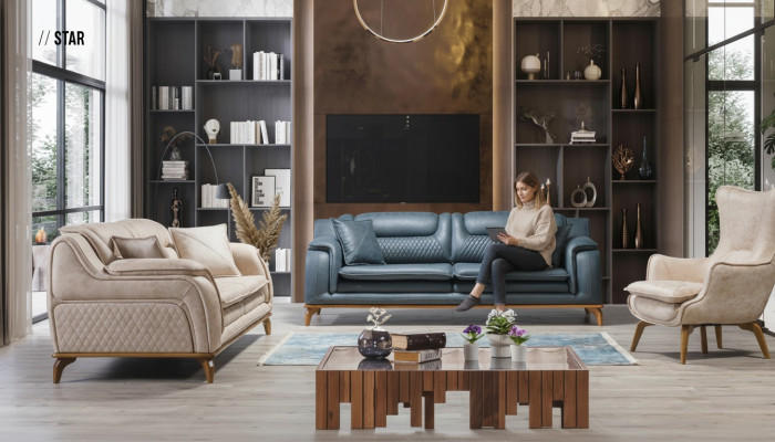 Zestaw sofowy 3+3+1 miejsce do siedzenia Blue Fotel Luksusowa Skóra Sofa Kanapa Meble w stylu zachodnim