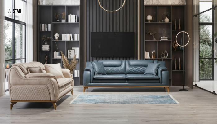 Zestaw sofowy 3+3+1 miejsce do siedzenia Blue Fotel Luksusowa Skóra Sofa Kanapa Meble w stylu zachodnim