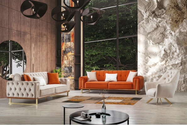 Sofa Pomarańczowa 3 miejsce do siedzenia Salon Luksusowy Chesterfield Włoski