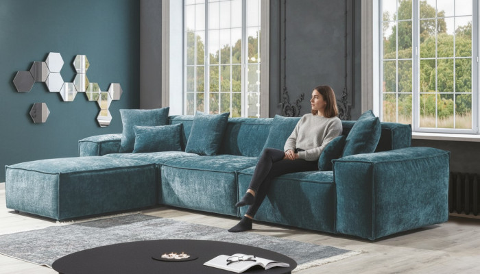 Narożnikowa kanapa Niebieski Salon Elegancki Narożny Design Zestaw mebli narożnych