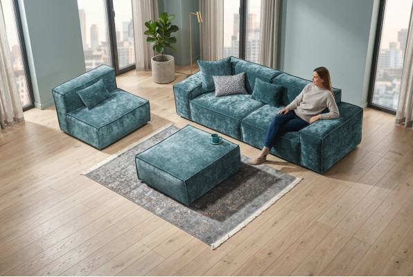 Zestaw sofowy Cube Meble xxl 3+1 miejsce siedzące Blue Living Room Fotel Stołek