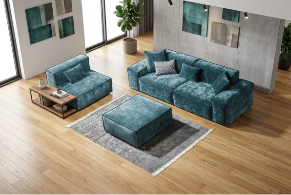 Zestaw sofowy Cube Meble xxl 3+1 miejsce siedzące Blue Living Room Fotel Stołek