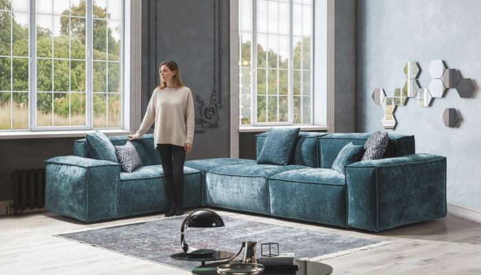Narożnikowa kanapa L - Shape Blue Żywy krajobraz Design Couches Meble Sofa Couch