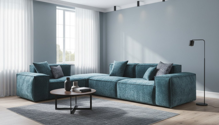Narożnikowa kanapa L - Shape Blue Żywy krajobraz Design Couches Meble Sofa Couch