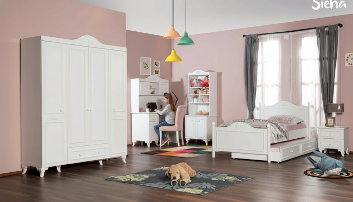 żłobek Zestaw Biały Eleganckie Biurko Design Półka na książkę Drewno Meble Nowość
