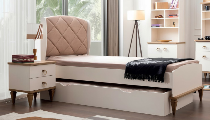 żłobek Zestaw Beżowe łóżko składane Stolik nocny Jungzimmer Design Modern New 2-częściowy.