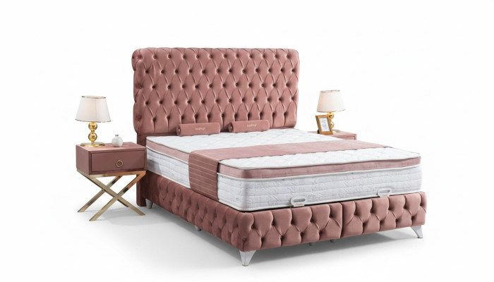 Box Spring Pink Chesterfield Łóżko Elegancki Design Luksusowe 2x Szafki nocne 3-częściowe.