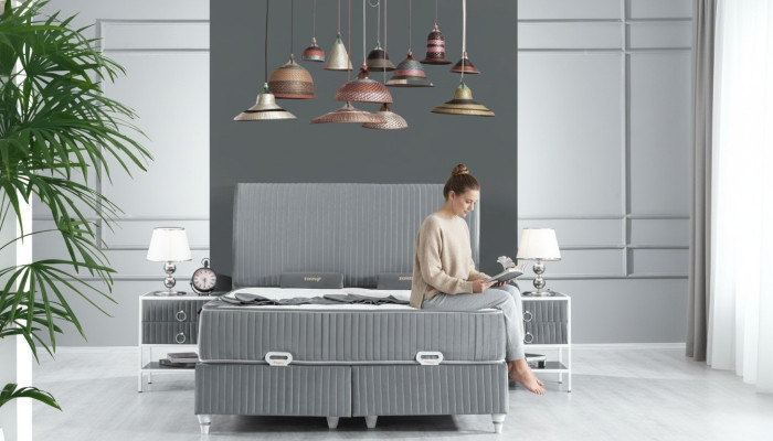 Zestaw Sypialnia Szare metalowe łóżko Boxspring Design 2x Szafki nocne Nowość 3-częściowy.