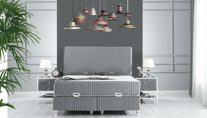 Zestaw Sypialnia Szare metalowe łóżko Boxspring Design 2x Szafki nocne Nowość 3-częściowy.