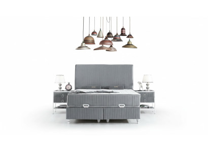 Zestaw Sypialnia Szare metalowe łóżko Boxspring Design 2x Szafki nocne Nowość 3-częściowy.