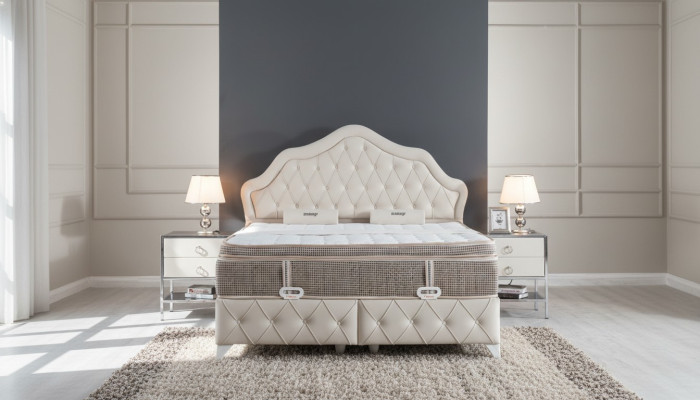 Sypialnia Zestaw Białe łóżko Design Style Modern 2x Szafki nocne Boxspring 3-częściowy. Nowy