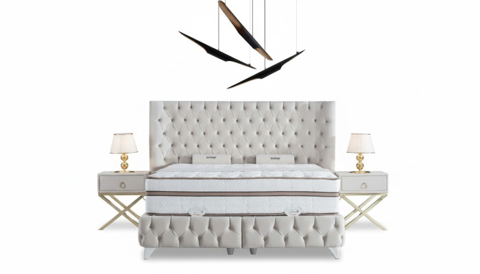 Zestaw Sypialnia Biały Boxspring Łóżko Chesterfield Eleganckie 2x Szafki nocne 3-częściowe.