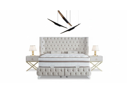 Zestaw Sypialnia Biały Boxspring Łóżko Chesterfield Eleganckie 2x Szafki nocne 3-częściowe.