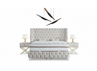 Zestaw Sypialnia Biały Boxspring Łóżko Chesterfield Eleganckie 2x Szafki nocne 3-częściowe.