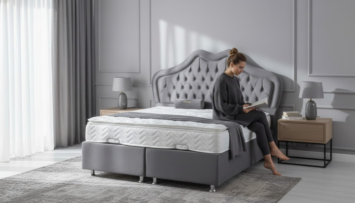 Łóżko Szare Podwójne łóżko Boxspring bed Style Materiał Chesterfield 160x200