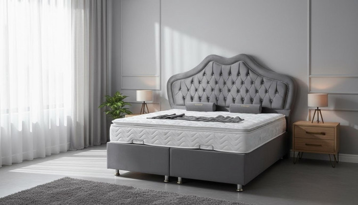 Łóżko Szare Podwójne łóżko Boxspring bed Style Materiał Chesterfield 160x200